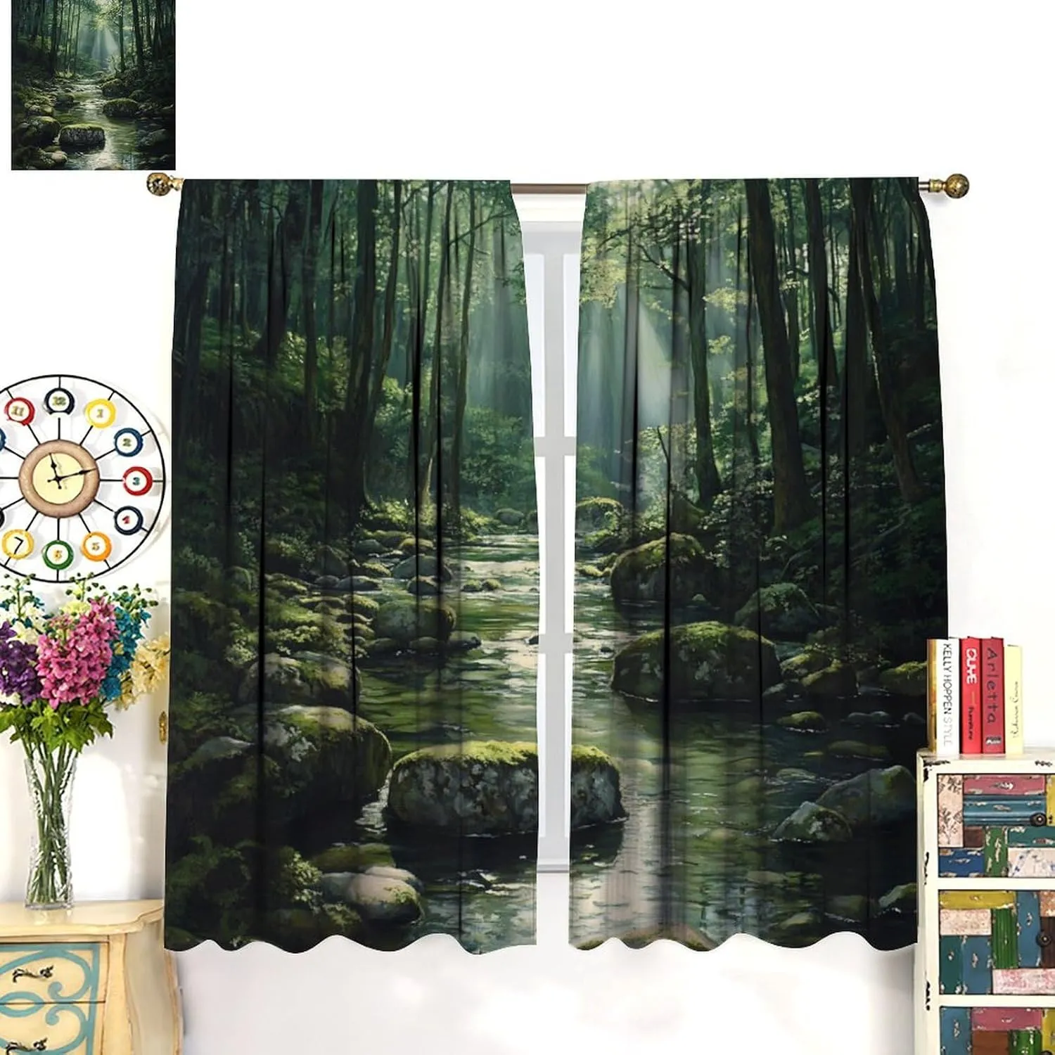 Natural Forest Blackout Curtains for Bedroom, Tropical Jungle Stream Rocky Tree Decor Home Living Room Darkening Grommet Window Drapes, 2 Panels/Each 31.5" W x 63" L