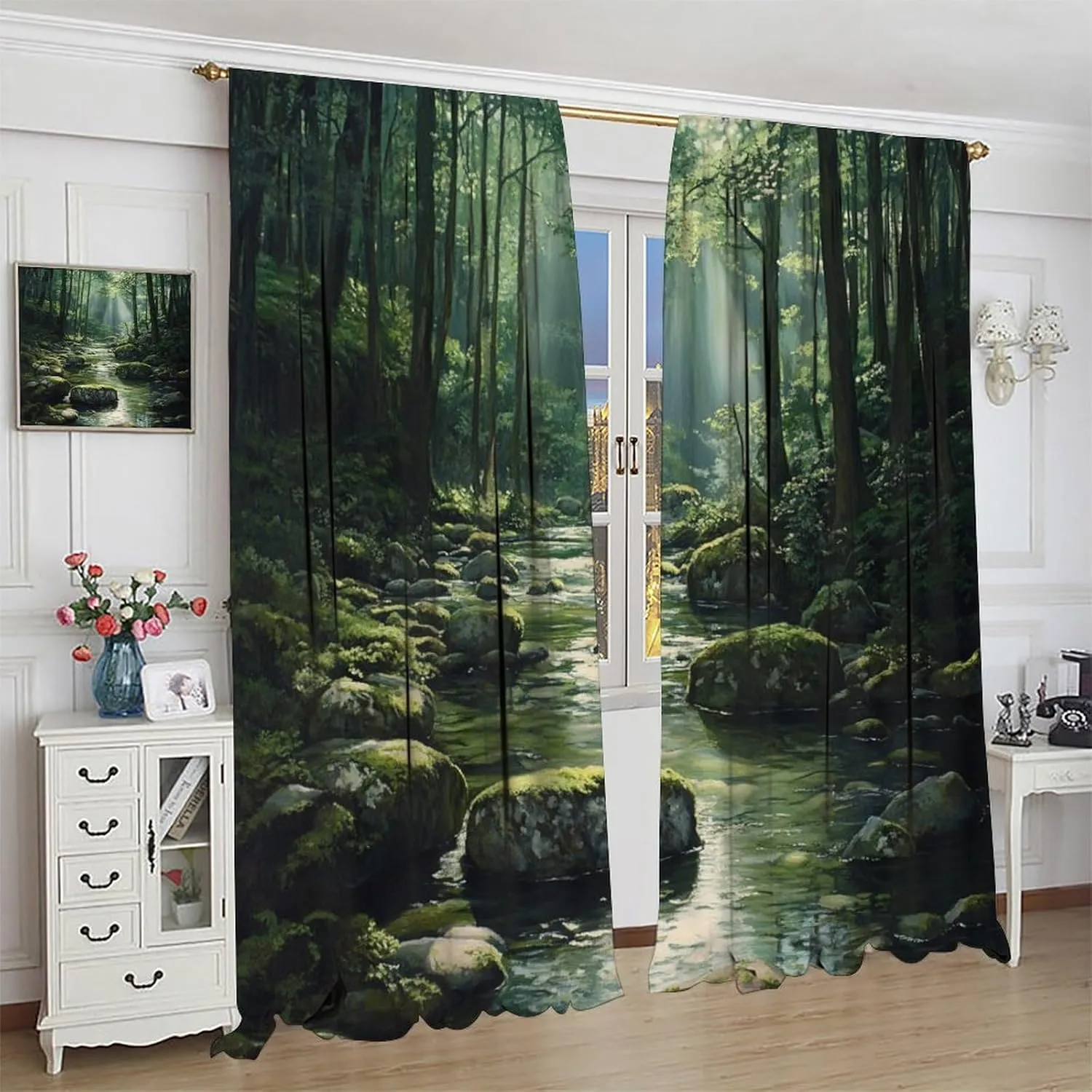 Natural Forest Blackout Curtains for Bedroom, Tropical Jungle Stream Rocky Tree Decor Home Living Room Darkening Grommet Window Drapes, 2 Panels/Each 31.5" W x 63" L