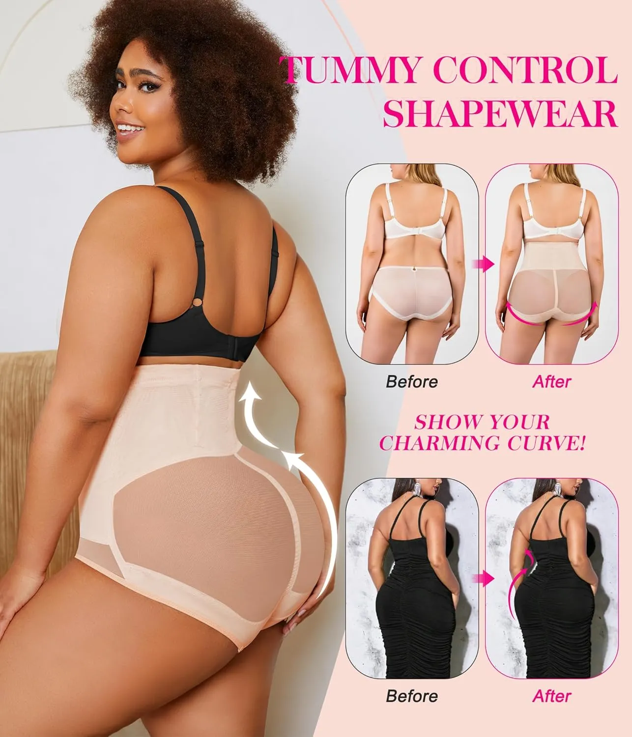 Nebility Plus Size Shapewear for Women Tummy Control Butt Lifting Panties Hi- Waist Trainer Body Shaper Short Belly Underwear