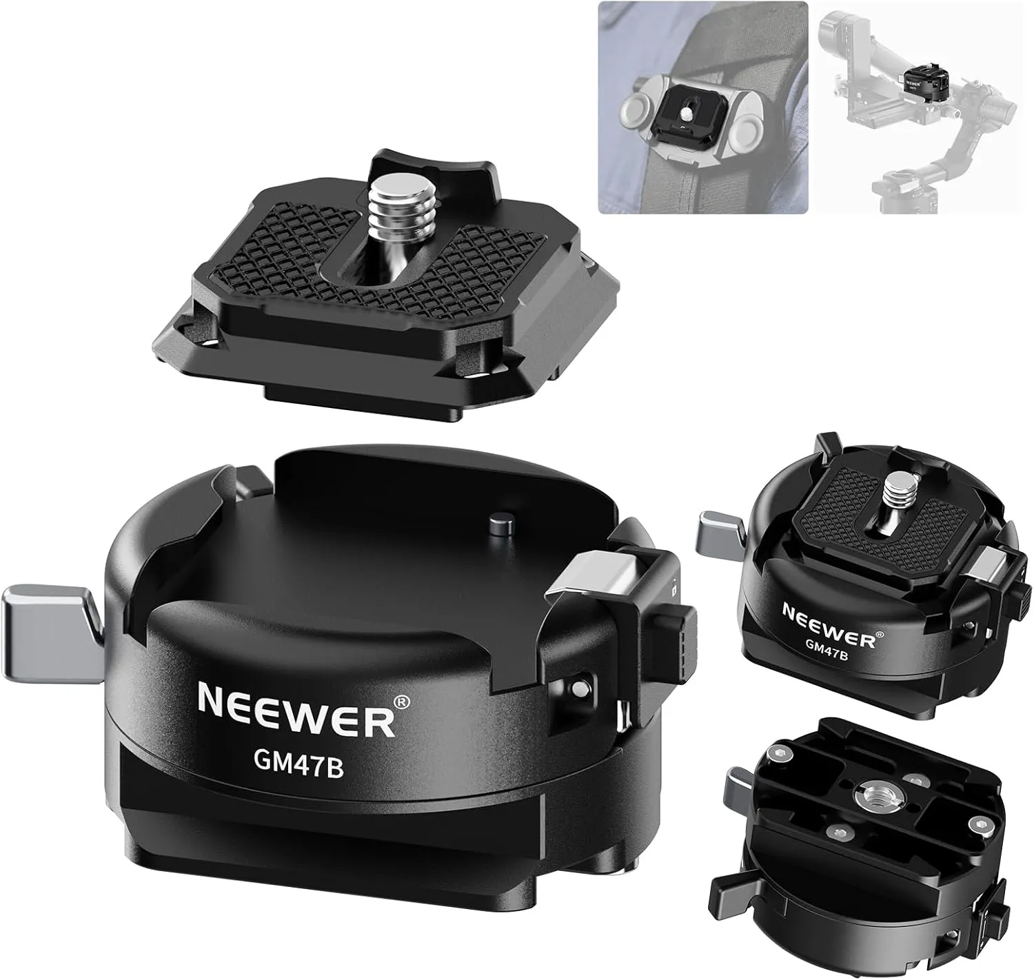 NEEWER GM47B Quick Release Plate Kit, Anti Twist Auto Lock Square QR Camera Tripod Mount Adapter & Clamp Base Compatible with Arca Swiss DJI Ronin RS 4 Pro RS 3 RS 2 Peak Design Capture V3 Camera Clip