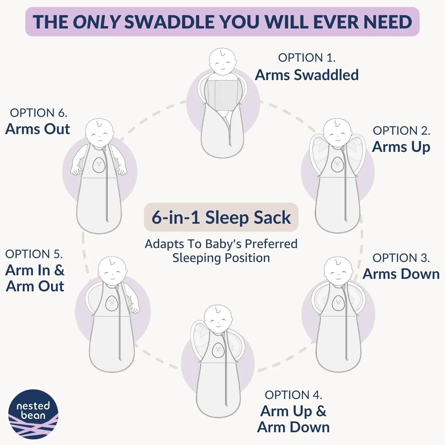 Nested Bean Air 6-in-1 Adaptable Baby Sleep Sack – Comfort & Safety for Natural Sleep, Preferred Arm Position Reduces Startle Reflex, Better Sleep for Baby, NB (7-13lbs) Soft Pink
