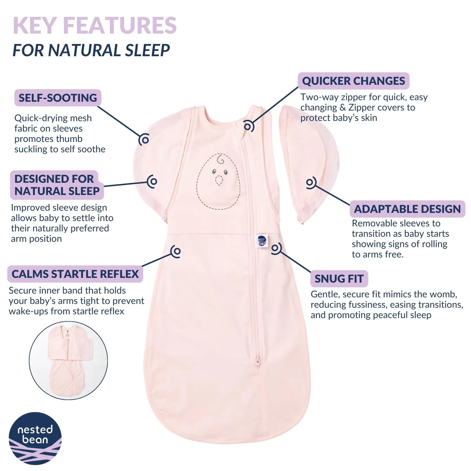 Nested Bean Air 6-in-1 Adaptable Baby Sleep Sack – Comfort & Safety for Natural Sleep, Preferred Arm Position Reduces Startle Reflex, Better Sleep for Baby, NB (7-13lbs) Soft Pink