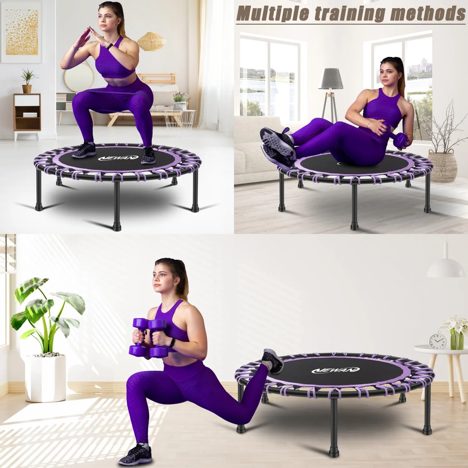Newan 40"-48" Silent Mini Trampoline Fitness Trampoline Bungee Rebounder Jumping Cardio Trainer Workout for Adults-Max Limit 330lbs