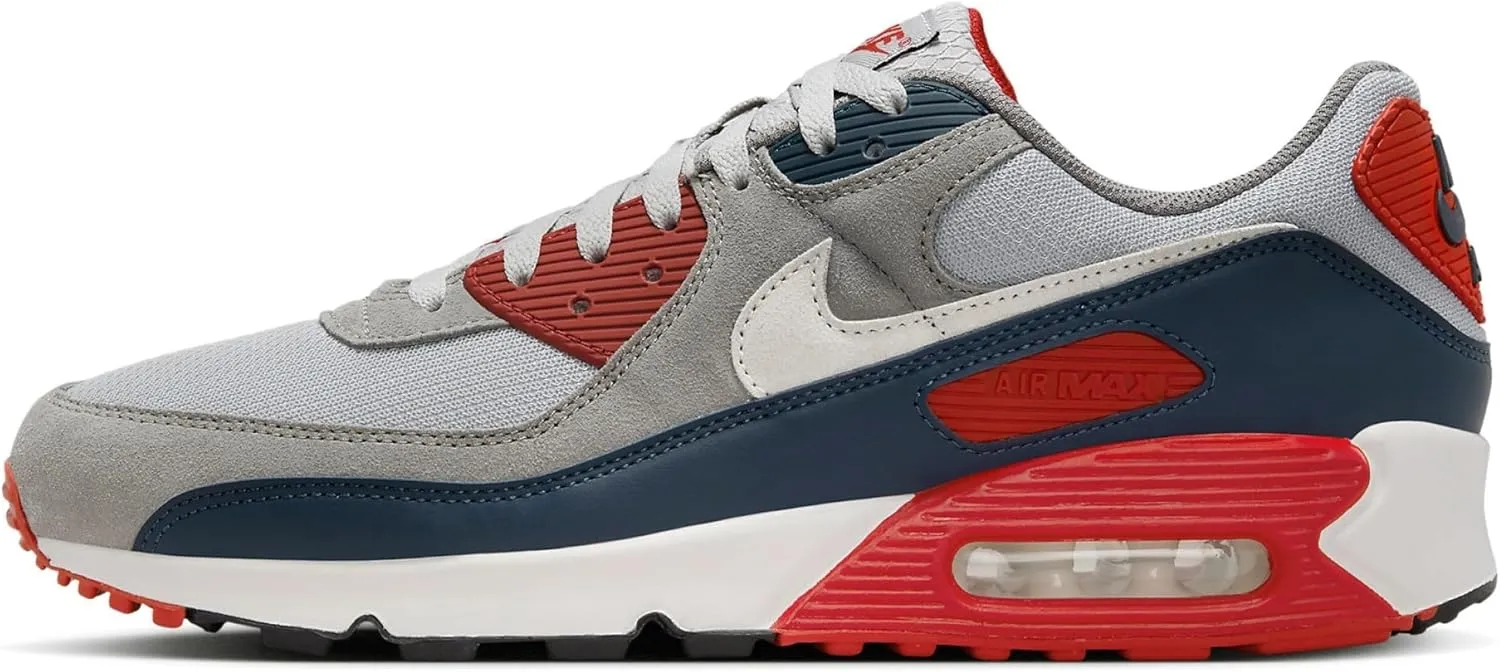 Nike Air Max 90 Men's Shoes (DM0029-005, Light Smoke Grey/Armory Navy/Fire Red/Phantom) Size 13