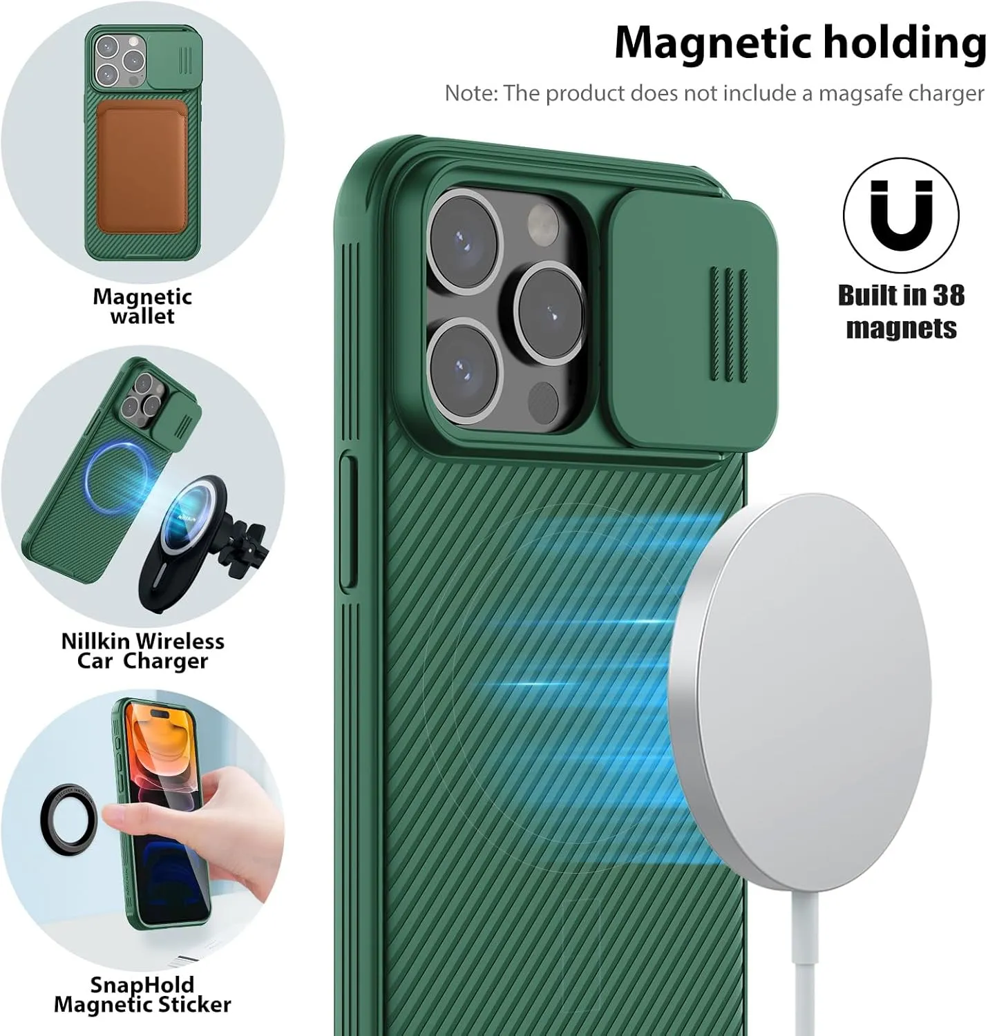 Nillkin for iPhone 15 Pro Max Magnetic Case with Camera Cover, Compatible with MagSafe, CamShield Pro Magnetic 15 Pro Max 5G Car Mount Case 6.7’’, Built-in Magnet Circle, Green