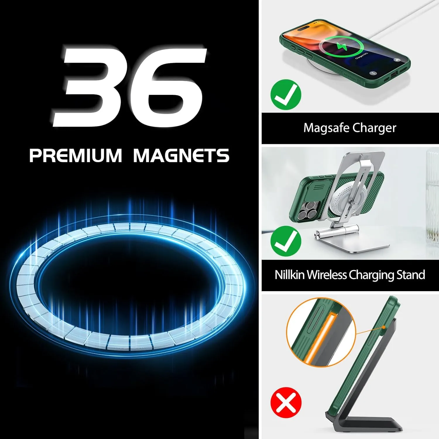 Nillkin for iPhone 15 Pro Max Magnetic Case with Camera Cover, Compatible with MagSafe, CamShield Pro Magnetic 15 Pro Max 5G Car Mount Case 6.7’’, Built-in Magnet Circle, Green