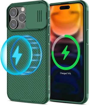 Nillkin for iPhone 15 Pro Max Magnetic Case with Camera Cover, Compatible with MagSafe, CamShield Pro Magnetic 15 Pro Max 5G Car Mount Case 6.7’’, Built-in Magnet Circle, Green