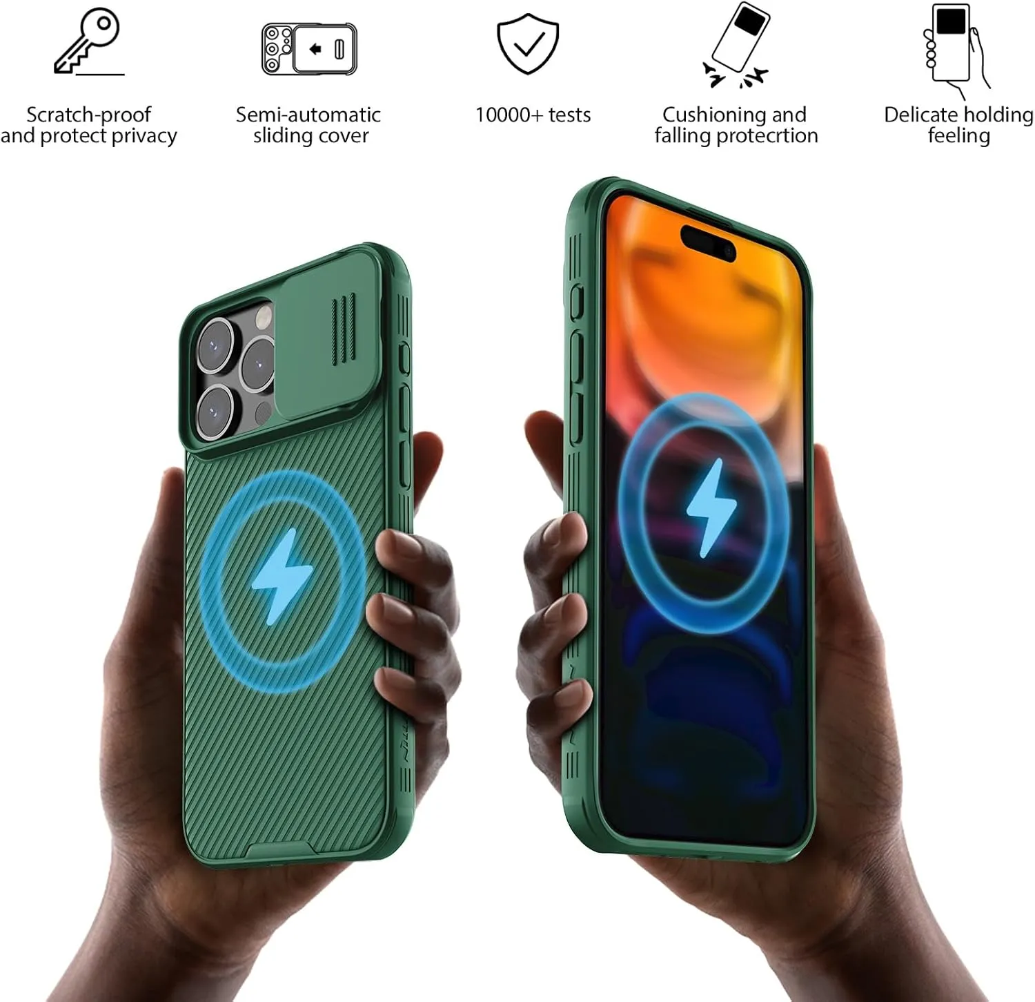 Nillkin for iPhone 15 Pro Max Magnetic Case with Camera Cover, Compatible with MagSafe, CamShield Pro Magnetic 15 Pro Max 5G Car Mount Case 6.7’’, Built-in Magnet Circle, Green
