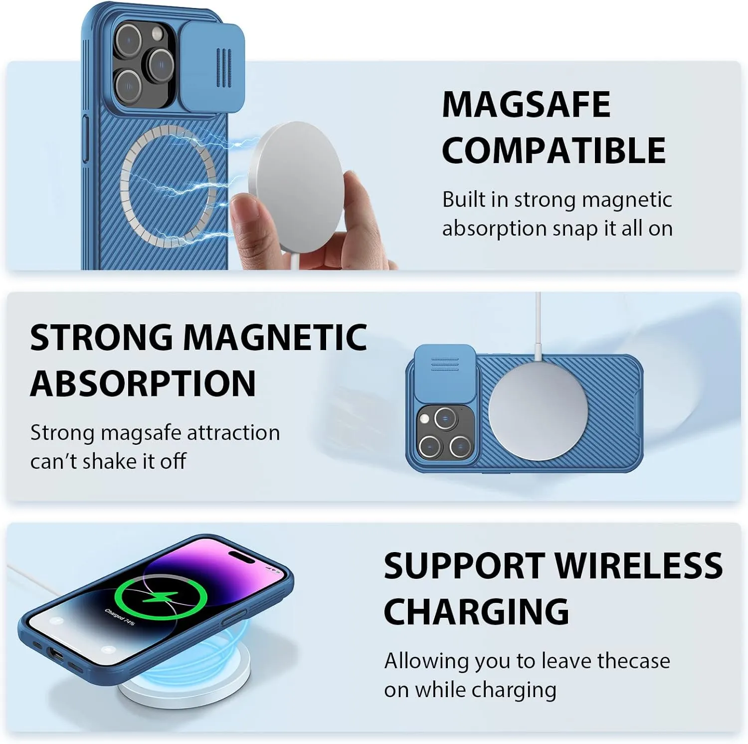 Nillkin iPhone 14 Pro Magnetic Case With Camera Cover, Compatible With MagSafe, CamShield Pro 5G Car Mount Case 6.1'', Built-in Magnet Circle (Blue)