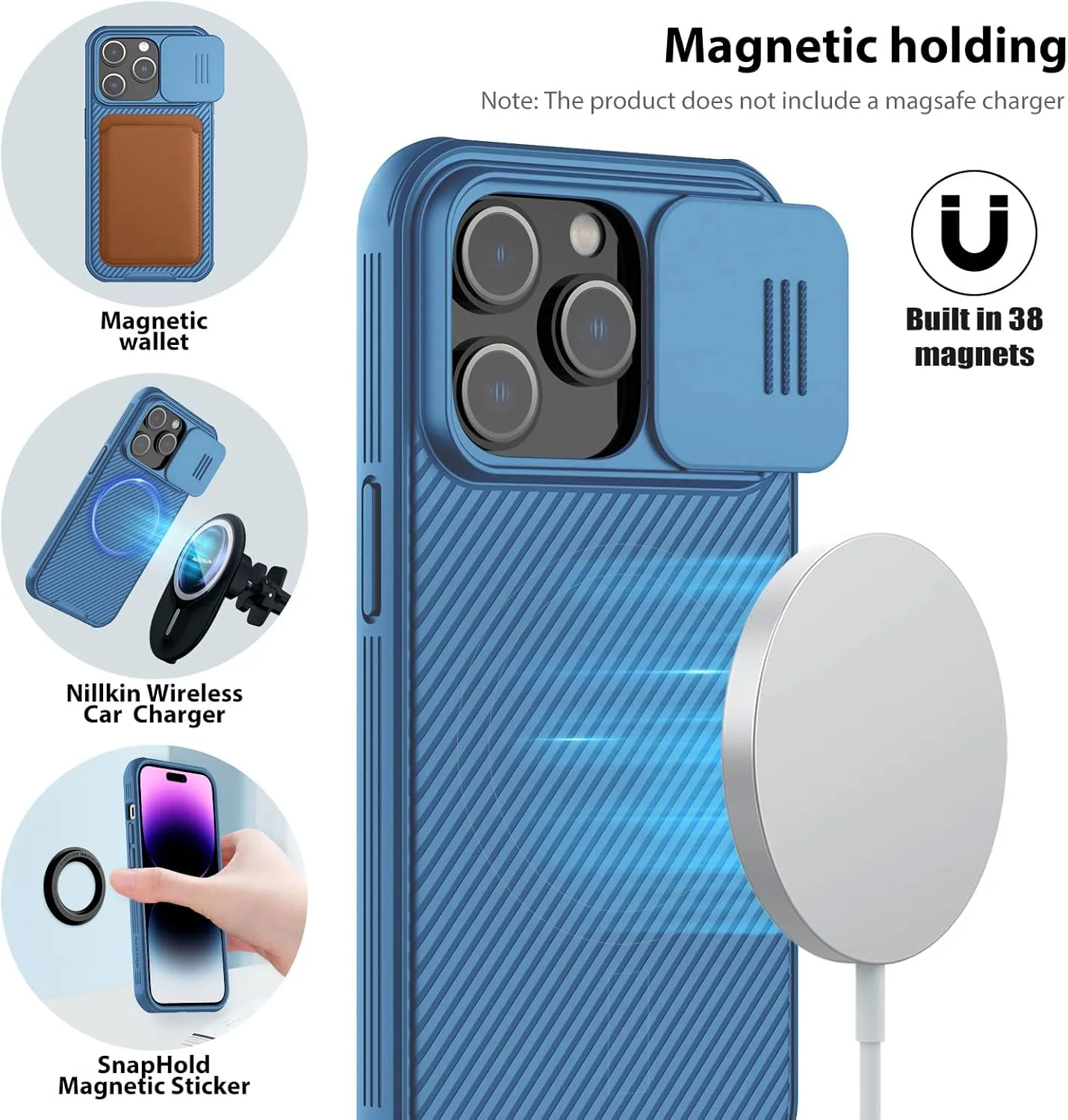 Nillkin iPhone 14 Pro Magnetic Case With Camera Cover, Compatible With MagSafe, CamShield Pro 5G Car Mount Case 6.1'', Built-in Magnet Circle (Blue)