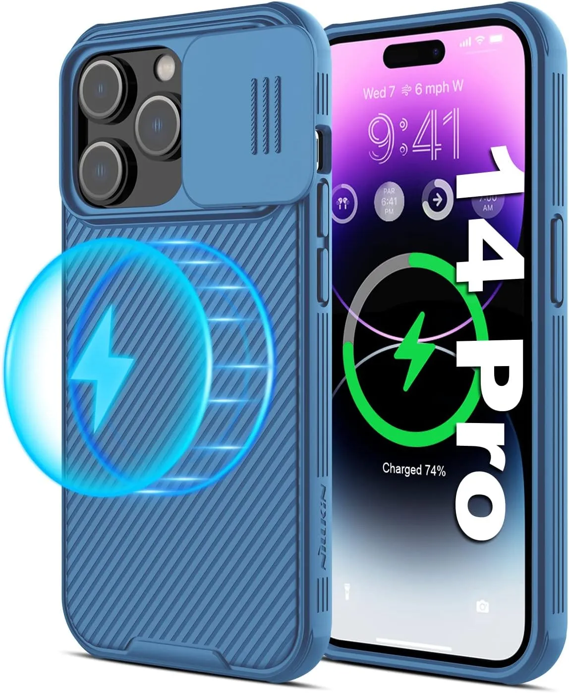 Nillkin iPhone 14 Pro Magnetic Case With Camera Cover, Compatible With MagSafe, CamShield Pro 5G Car Mount Case 6.1'', Built-in Magnet Circle (Blue)
