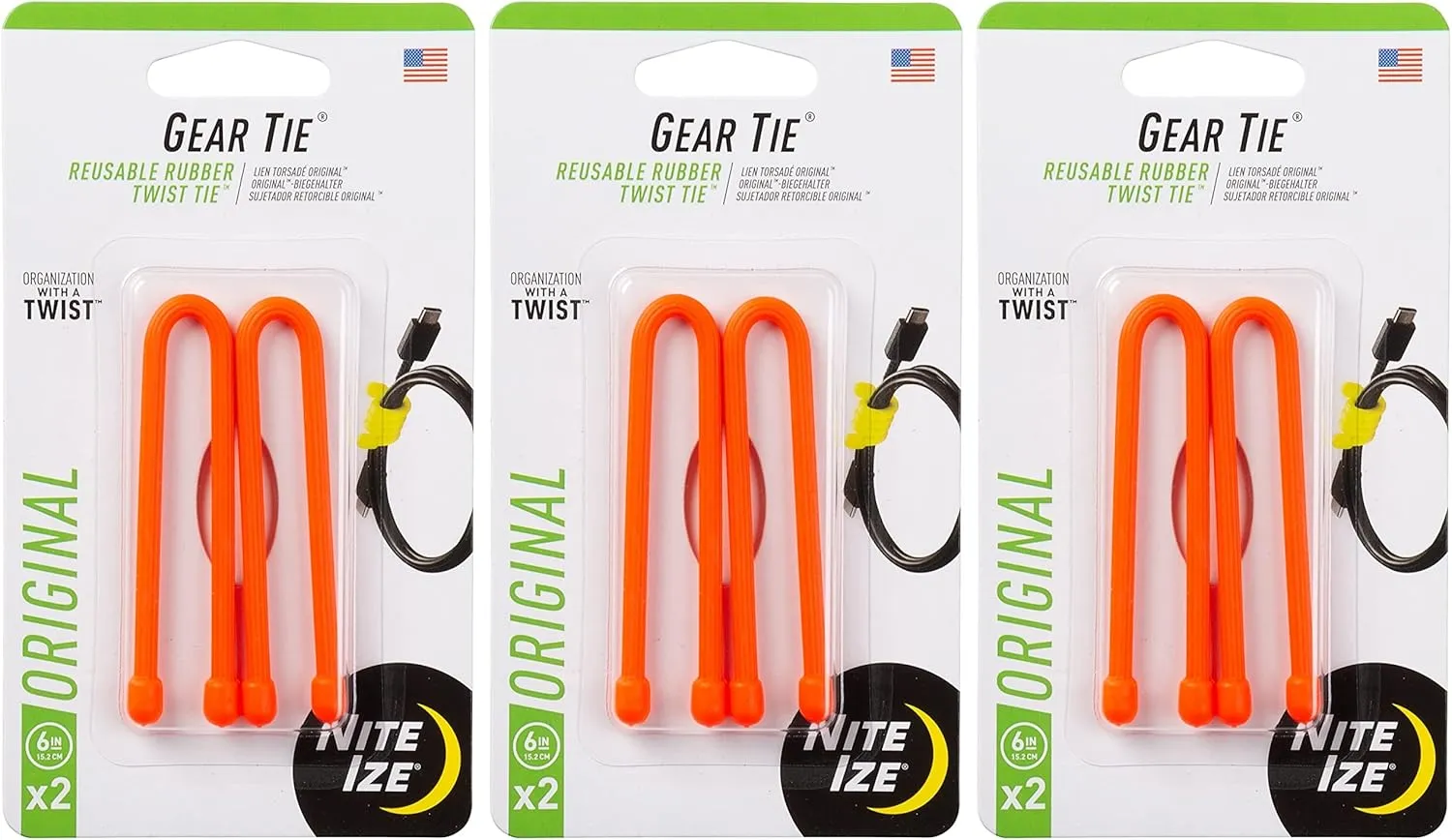 Nite Ize Gear Tie 6" Bright Orange Reusable Rubber Twisty Ties (3-Pack of 2)3