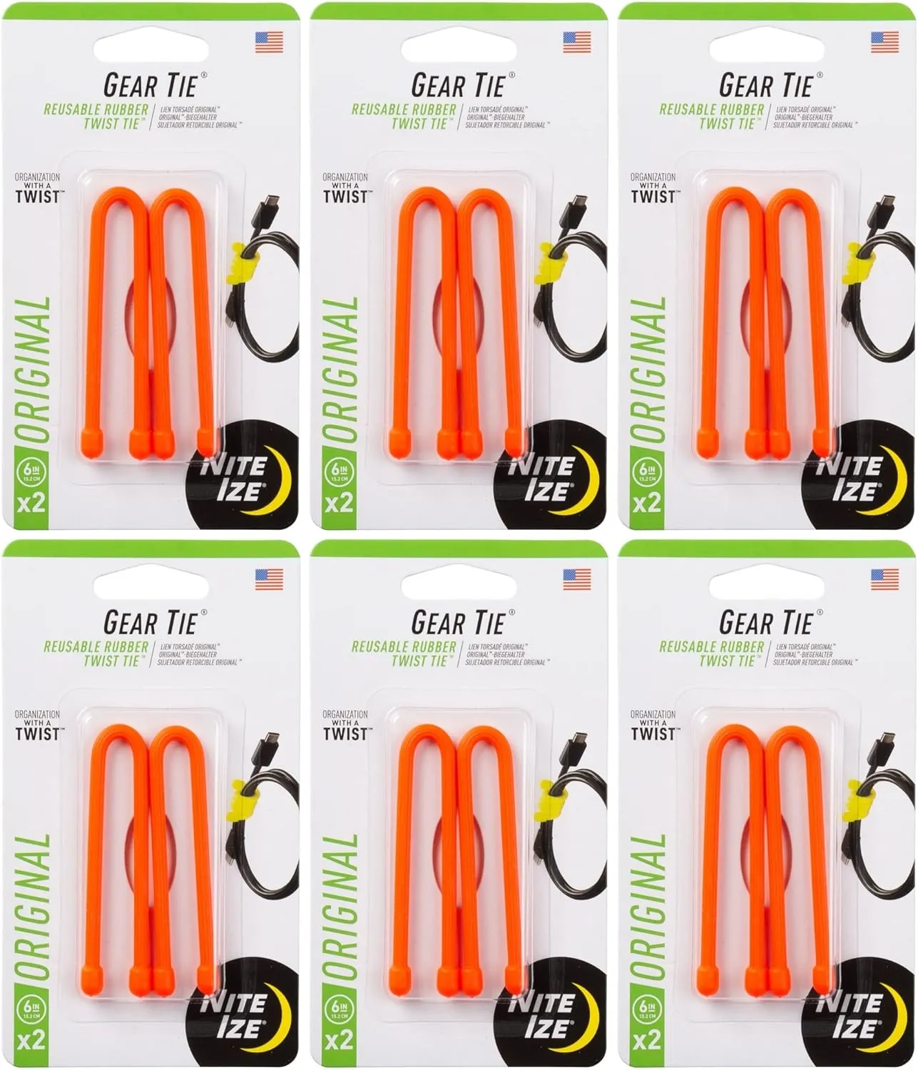 Nite Ize Gear Tie 6" Bright Orange Reusable Rubber Twisty Ties (6-Pack of 2)6