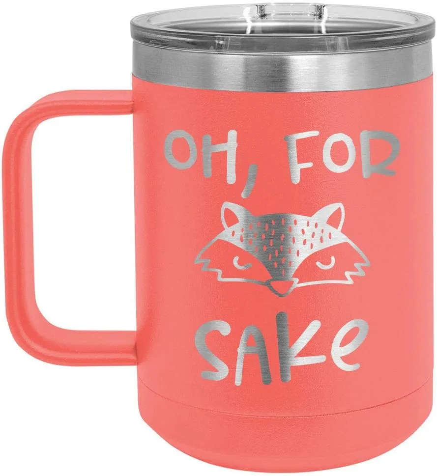 OH FOR FOX SAKE Coral 15 oz Coffee Cup w/Slide Top Lid | Insulated Travel Coffee Mug | Birthday Or Christmas Gift Ideas From Women or Men | Compare To Yeti Rambler | ONLYGIFTS.COM