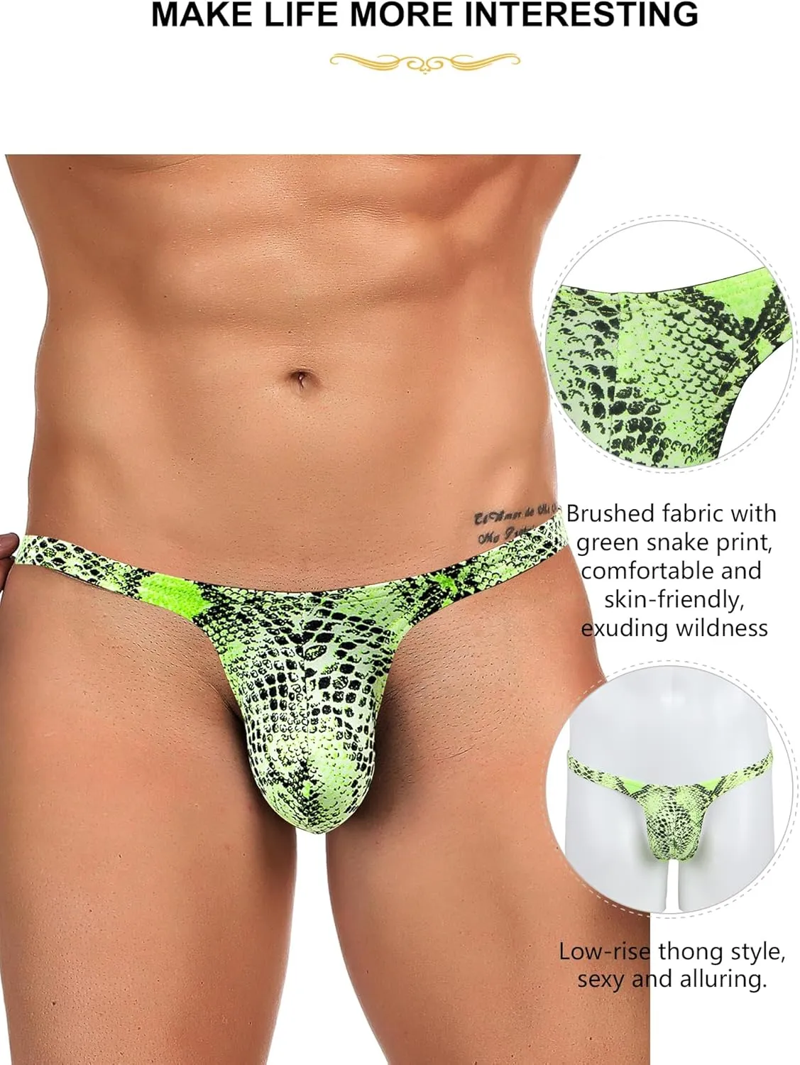 ohyeahlady Mens G-String Thong Underwear Snake Print Briefs Low Rise Sexy Hot Shorts for Mens Lingerie Soft T-Back Thong