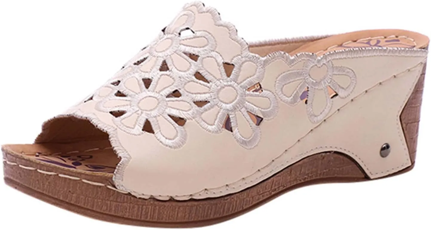 oiangi Wedge Sandals for Women Casual Summer Flower Hollow Open Toe Slip-on Platforms Slipper Comfortable Outdoor Ladies Shoes Flip Flops Sandalias