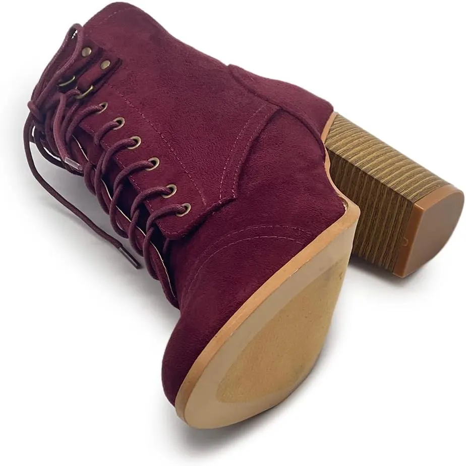 Ollio Women's Shoe Faux Suede Lace Up Stacked High Heel Ankle Boots SSB09