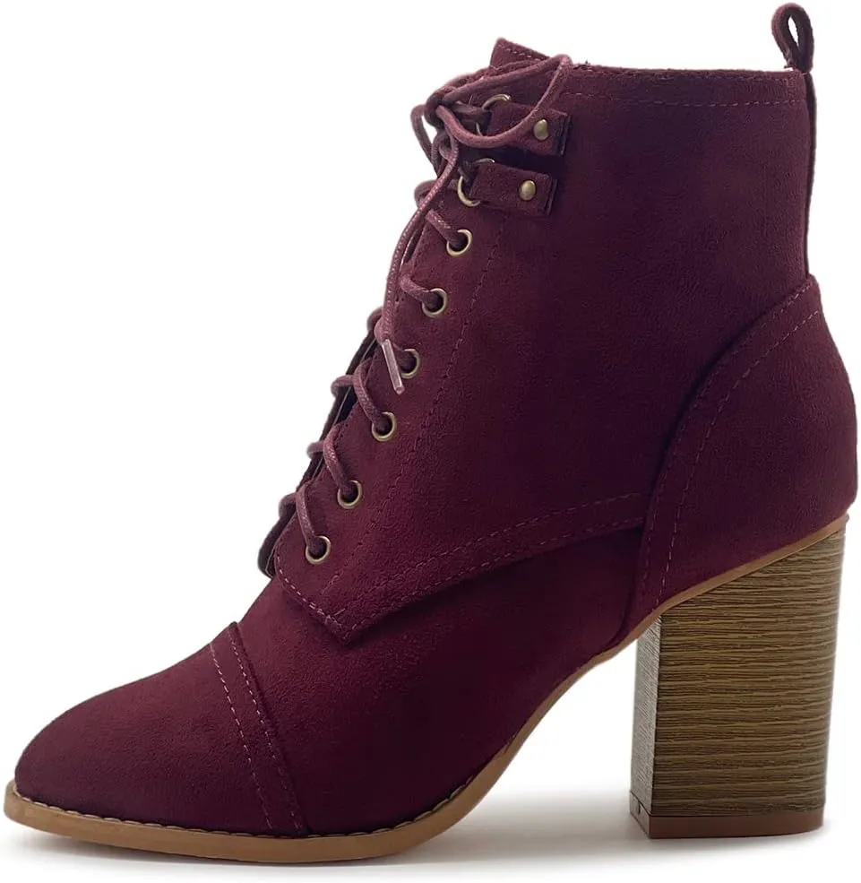 Ollio Women's Shoe Faux Suede Lace Up Stacked High Heel Ankle Boots SSB09