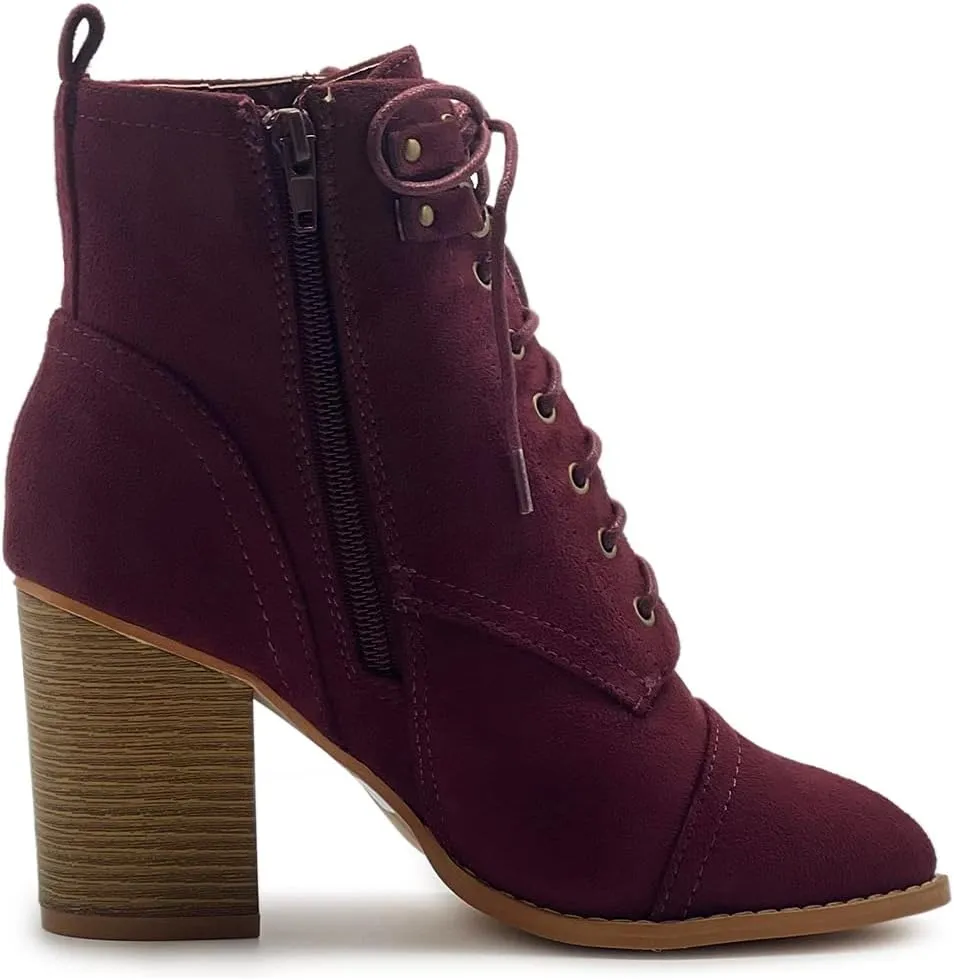 Ollio Women's Shoe Faux Suede Lace Up Stacked High Heel Ankle Boots SSB09