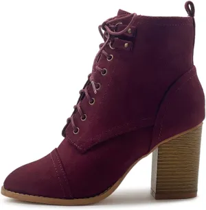 Ollio Women's Shoe Faux Suede Lace Up Stacked High Heel Ankle Boots SSB09