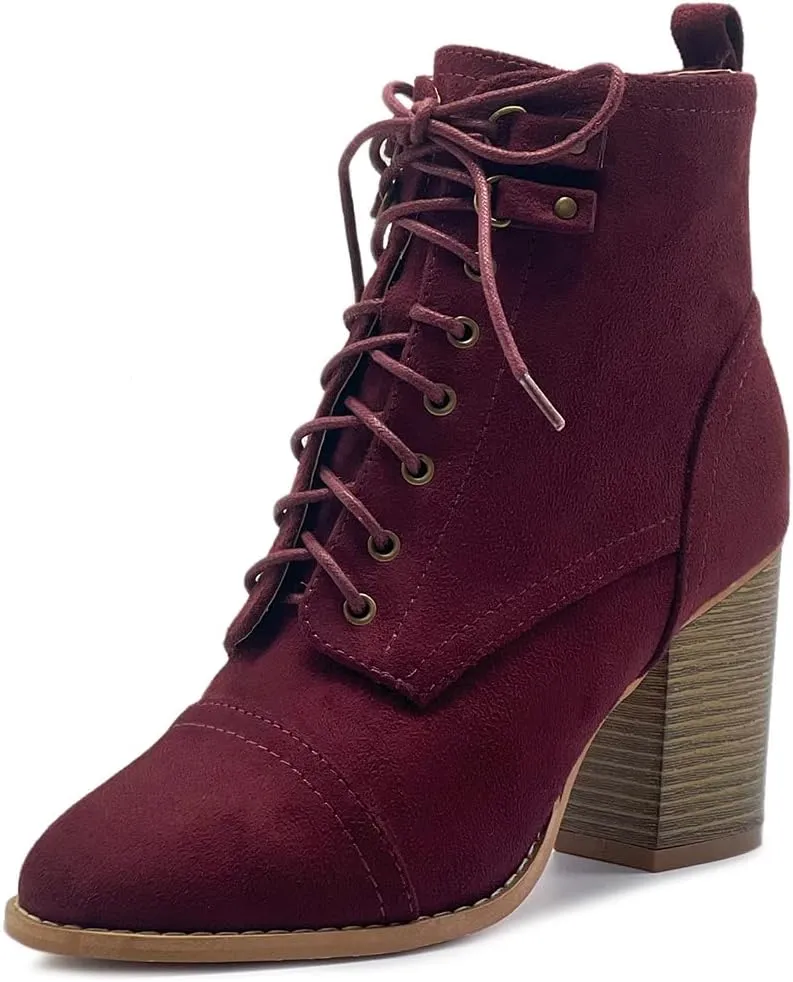 Ollio Women's Shoe Faux Suede Lace Up Stacked High Heel Ankle Boots SSB09