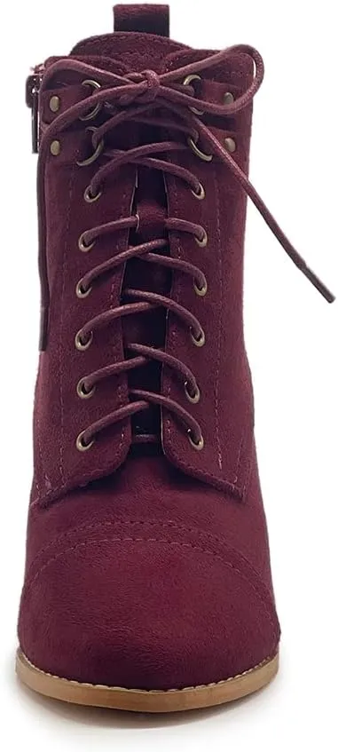Ollio Women's Shoe Faux Suede Lace Up Stacked High Heel Ankle Boots SSB09