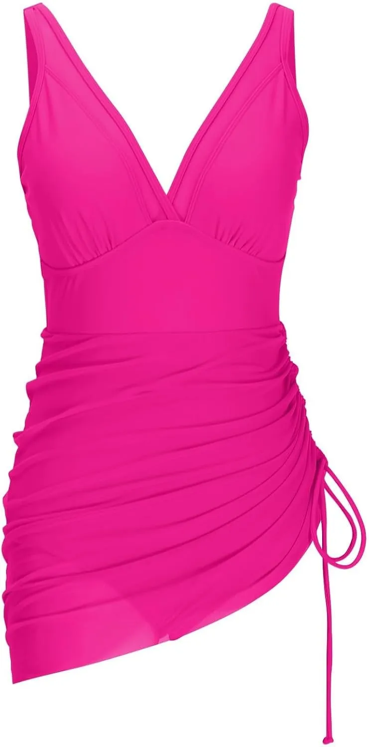 One Piece Swimdress Women Swim Ruffled Edge Side Tie Solid Bathing Suit Vintage Beach Bikini Wrap Bathing Swimwear