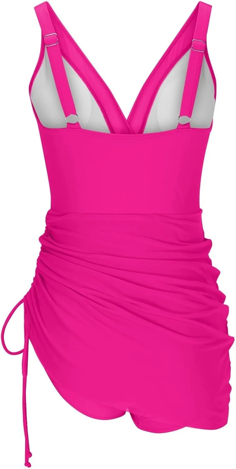 One Piece Swimdress Women Swim Ruffled Edge Side Tie Solid Bathing Suit Vintage Beach Bikini Wrap Bathing Swimwear