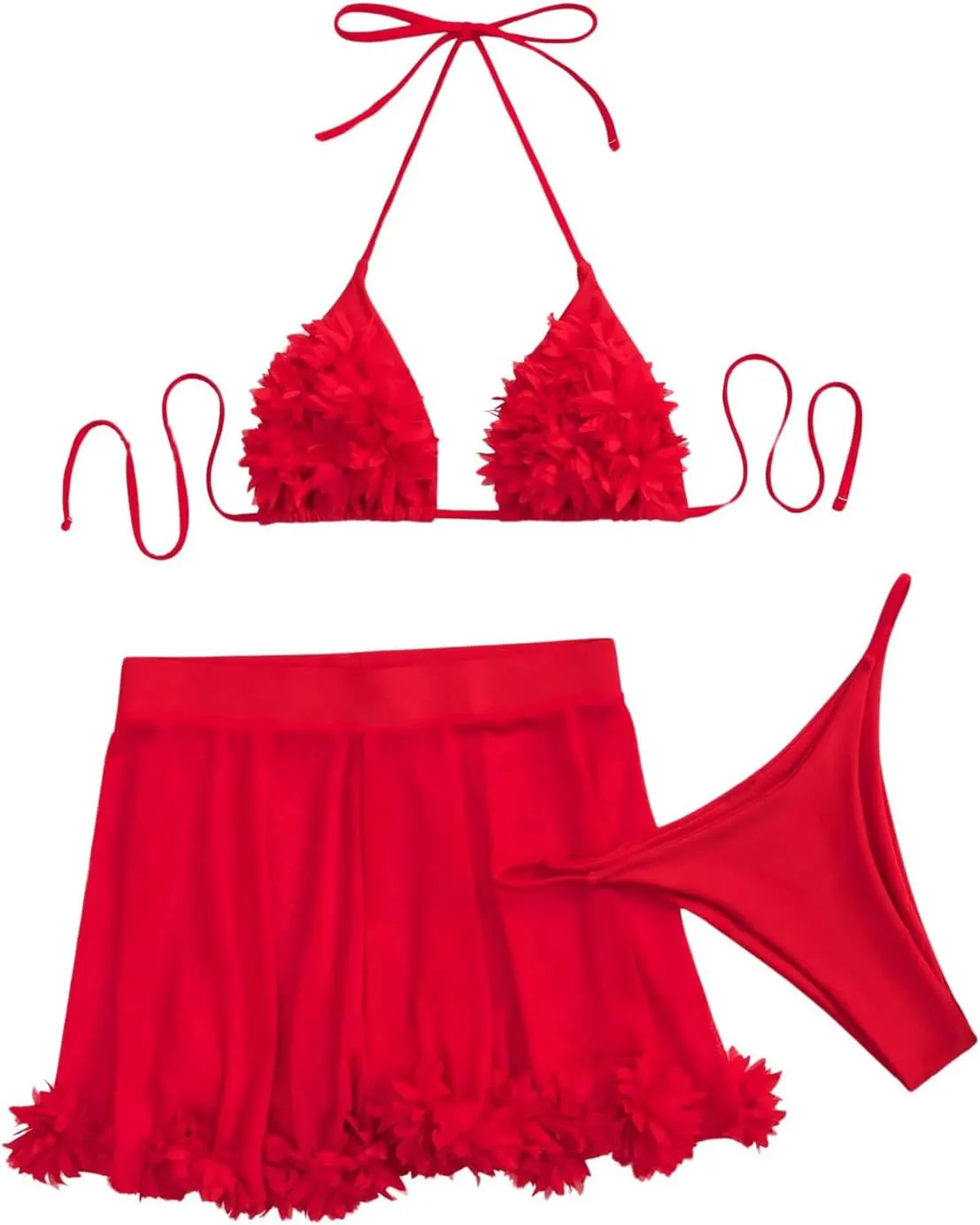 OYOANGLE Women's 3 Pieces Swimsuit Halter Triangle Bikini Swimsuit with Mesh Beach Skirt Cover Up