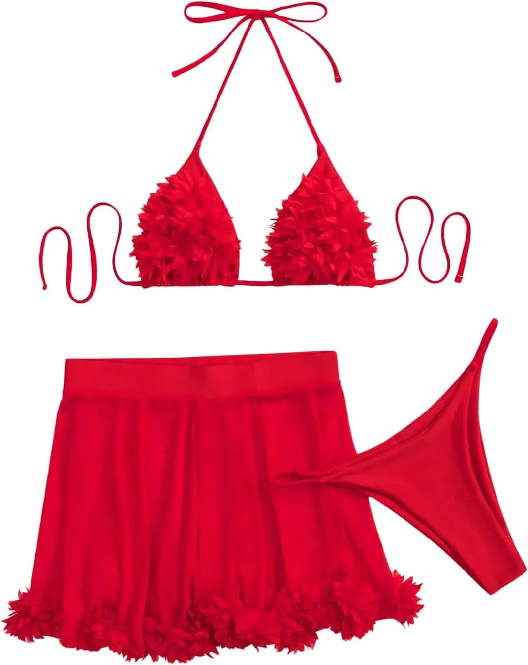 OYOANGLE Women's 3 Pieces Swimsuit Halter Triangle Bikini Swimsuit with Mesh Beach Skirt Cover Up