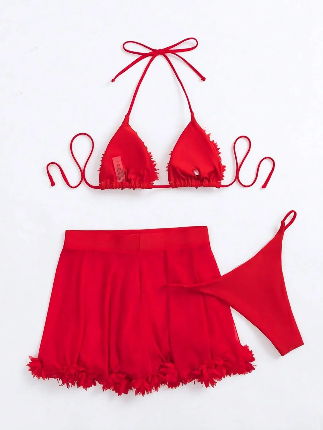OYOANGLE Women's 3 Pieces Swimsuit Halter Triangle Bikini Swimsuit with Mesh Beach Skirt Cover Up
