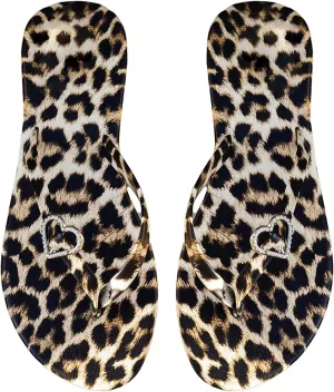 OYOANGLE Women's Leopard Print Flip Flop Sandals Rhinestone Heart Decor Vacation Casual Thong Sandal