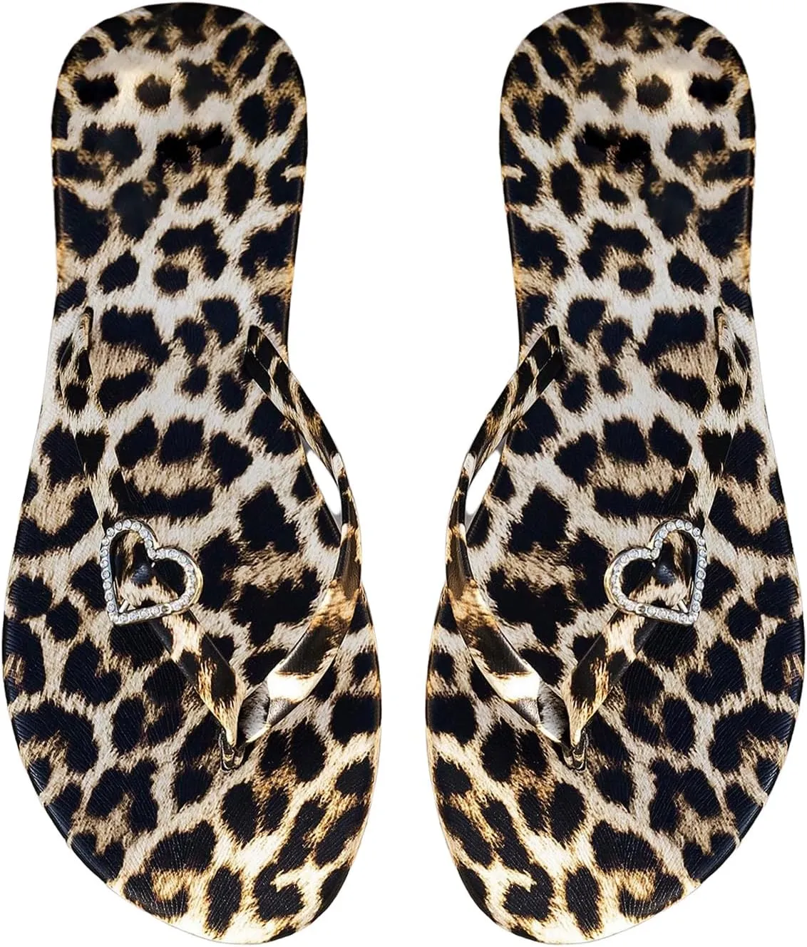 OYOANGLE Women's Leopard Print Flip Flop Sandals Rhinestone Heart Decor Vacation Casual Thong Sandal