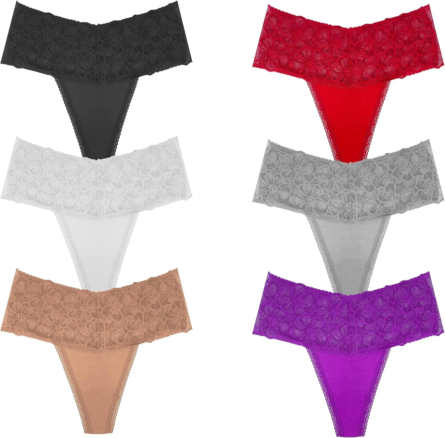 Pack 6 High Waisted Lace Thong for Women Cotton Underwear Plus Size High Rise Retro Tummy Control Thongs Panties