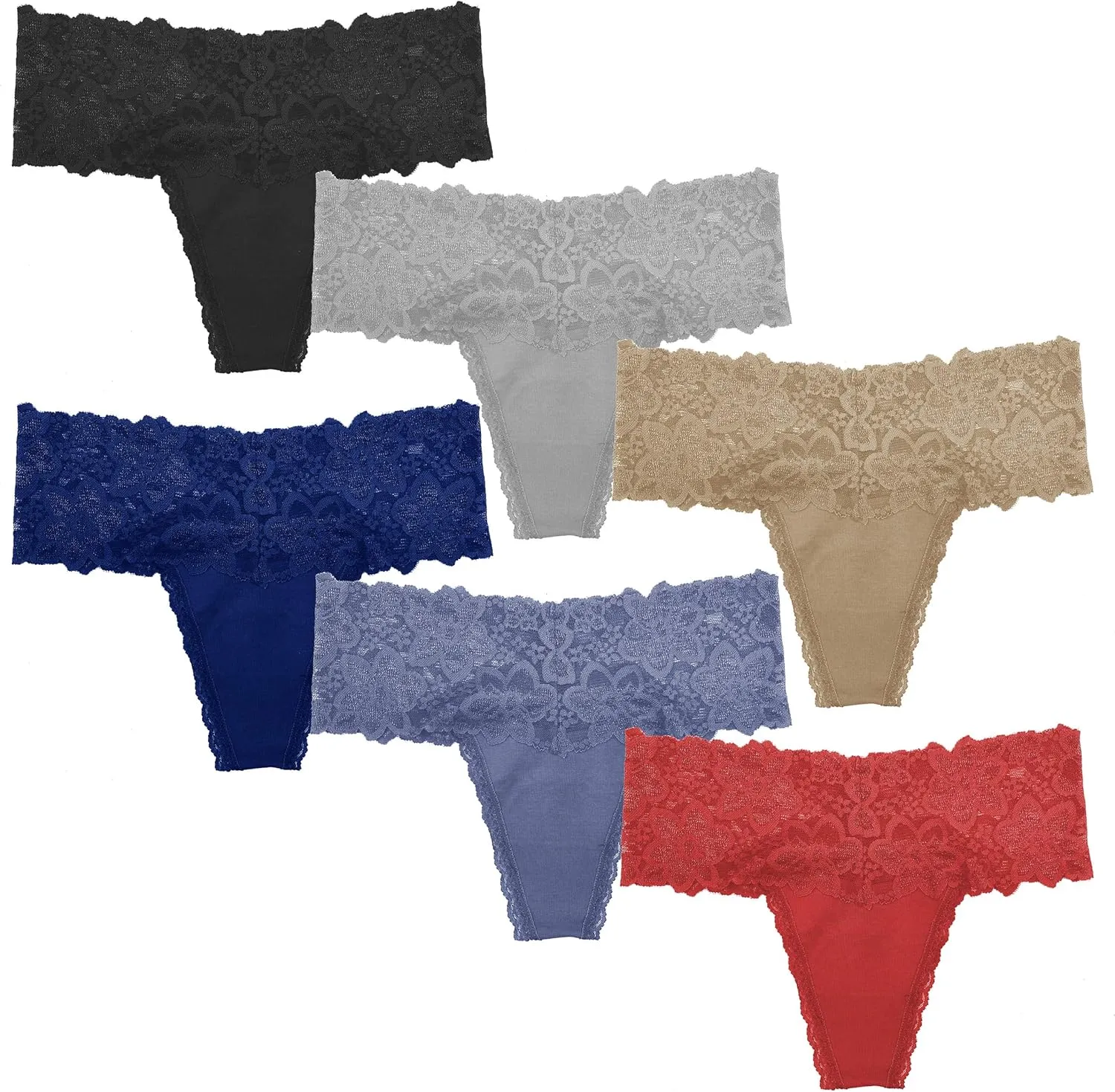 Pack 6 High Waisted Lace Thong for Women Cotton Underwear Plus Size High Rise Retro Tummy Control Thongs Panties