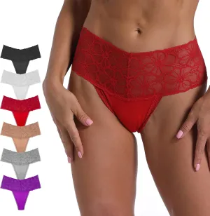 Pack 6 High Waisted Lace Thong for Women Cotton Underwear Plus Size High Rise Retro Tummy Control Thongs Panties