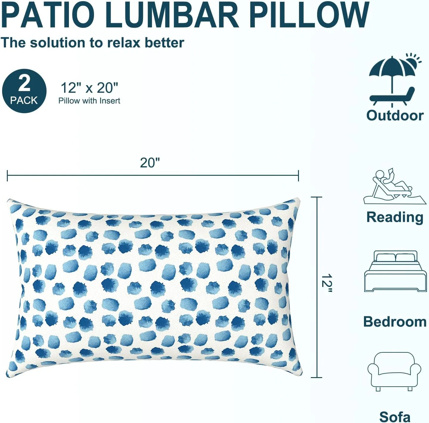 Pack of 2 Waterproof Outdoor Lumbar Pillow with Inserts, Rectangle Decorative Patio Throw Pillow for Home, Sofa,Bench and Patio Furniture (12 x 20 in,Brush Blue)