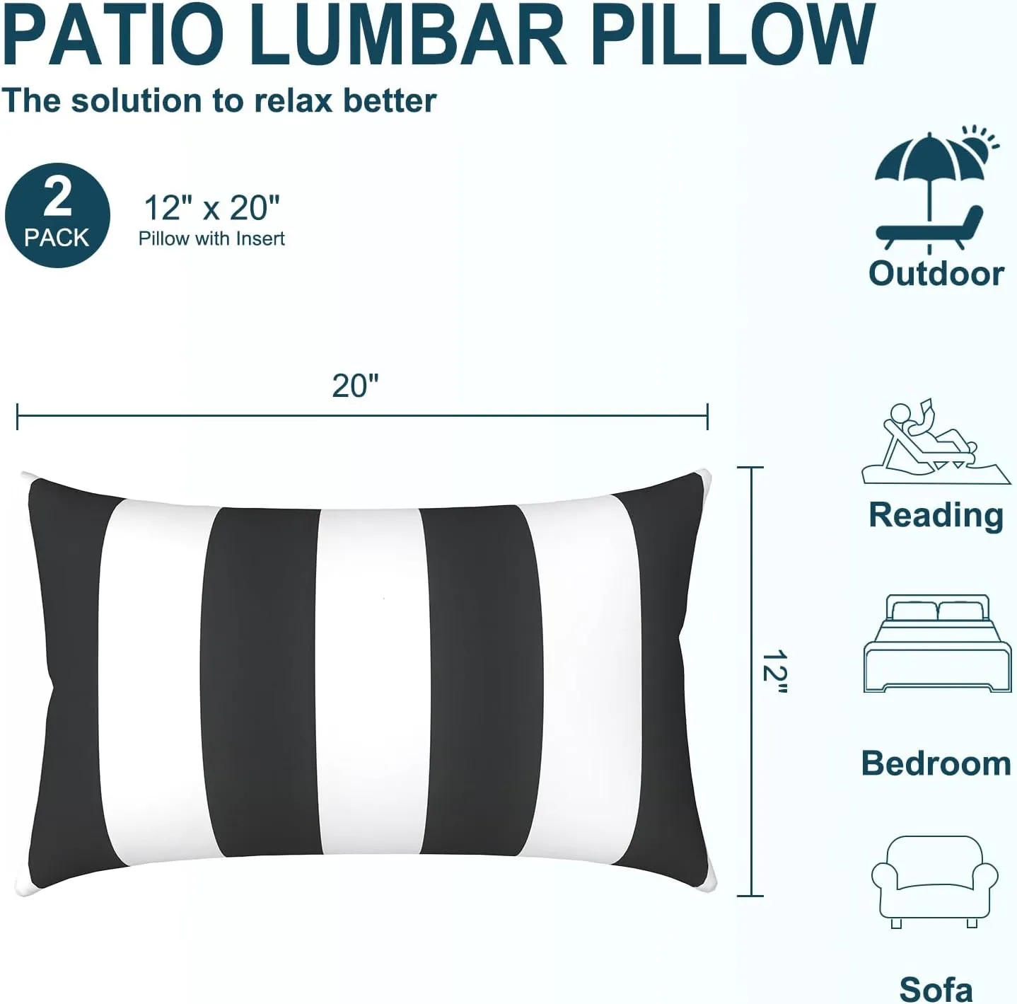 Pack of 2 Waterproof Outdoor Lumbar Pillow with Inserts, Rectangle Decorative Patio Throw Pillow for Home, Sofa,Bench and Patio Furniture (12 x 20 in,Cabana Black)