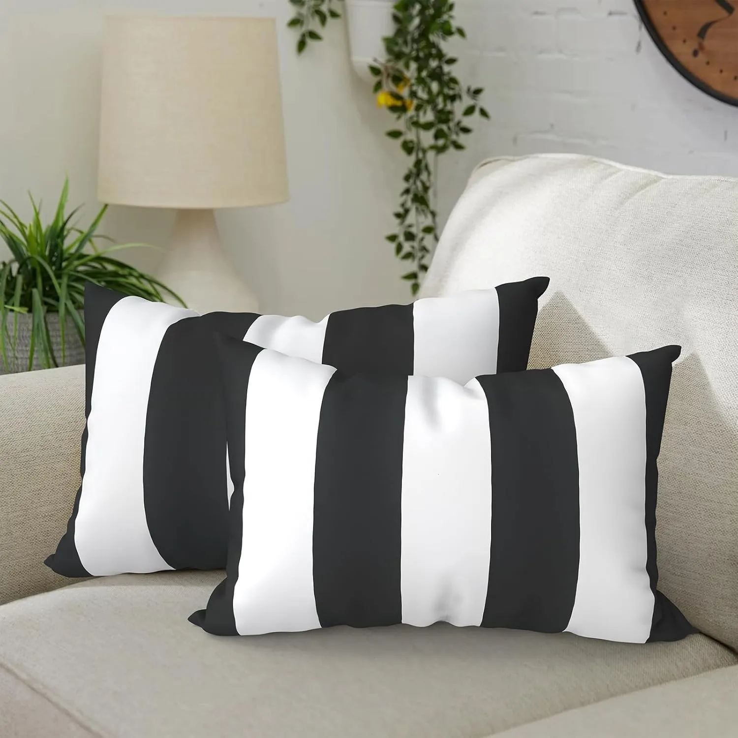 Pack of 2 Waterproof Outdoor Lumbar Pillow with Inserts, Rectangle Decorative Patio Throw Pillow for Home, Sofa,Bench and Patio Furniture (12 x 20 in,Cabana Black)