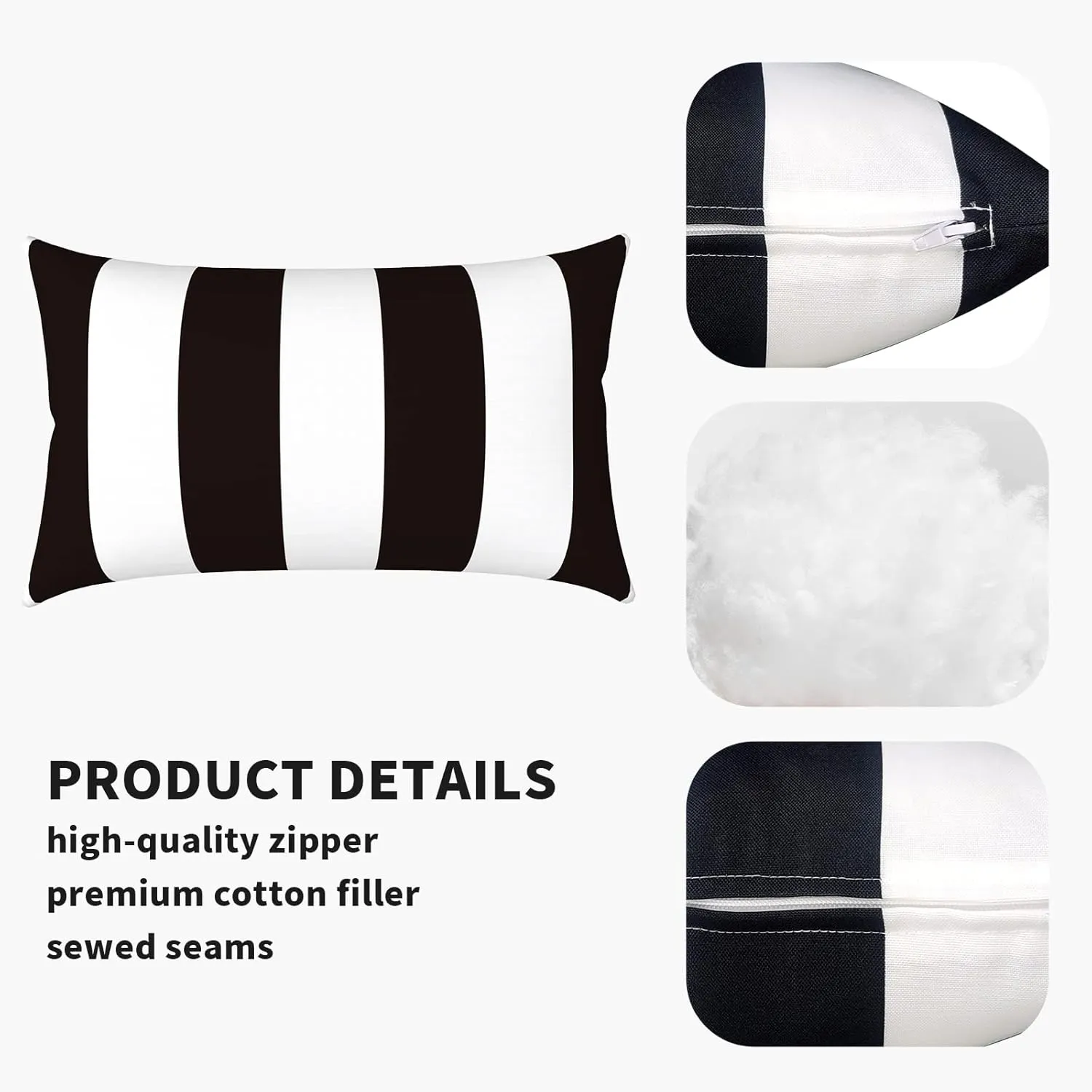 Pack of 2 Waterproof Outdoor Lumbar Pillow with Inserts, Rectangle Decorative Patio Throw Pillow for Home, Sofa,Bench and Patio Furniture (12 x 20 in,Cabana Black)