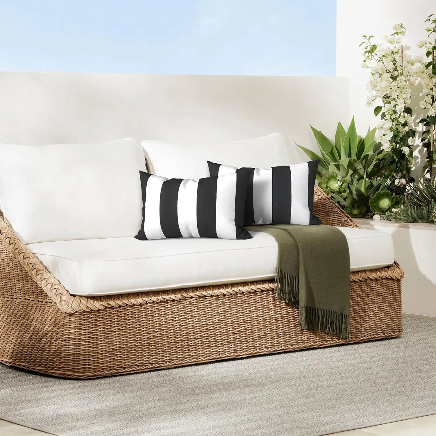 Pack of 2 Waterproof Outdoor Lumbar Pillow with Inserts, Rectangle Decorative Patio Throw Pillow for Home, Sofa,Bench and Patio Furniture (12 x 20 in,Cabana Black)