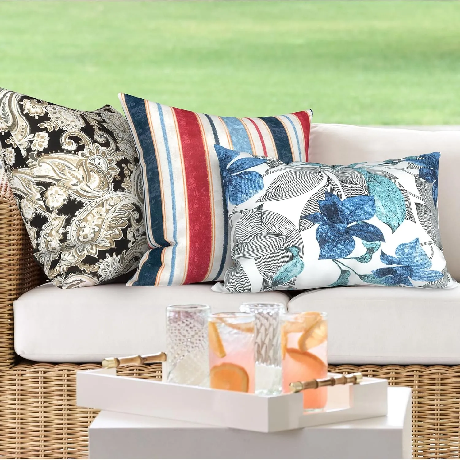 Pack of 2 Waterproof Outdoor Lumbar Pillow with Inserts, Rectangle Decorative Patio Throw Pillow for Home, Sofa,Bench and Patio Furniture (12 x 20 in,Clemens Noir Blue)
