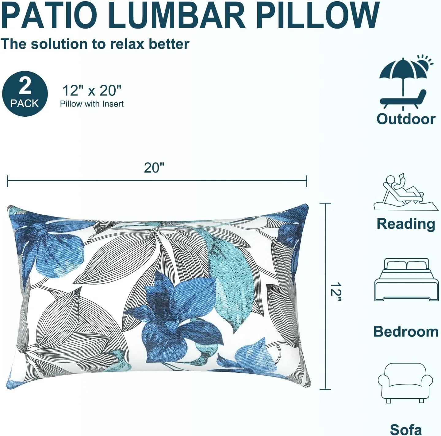 Pack of 2 Waterproof Outdoor Lumbar Pillow with Inserts, Rectangle Decorative Patio Throw Pillow for Home, Sofa,Bench and Patio Furniture (12 x 20 in,Clemens Noir Blue)