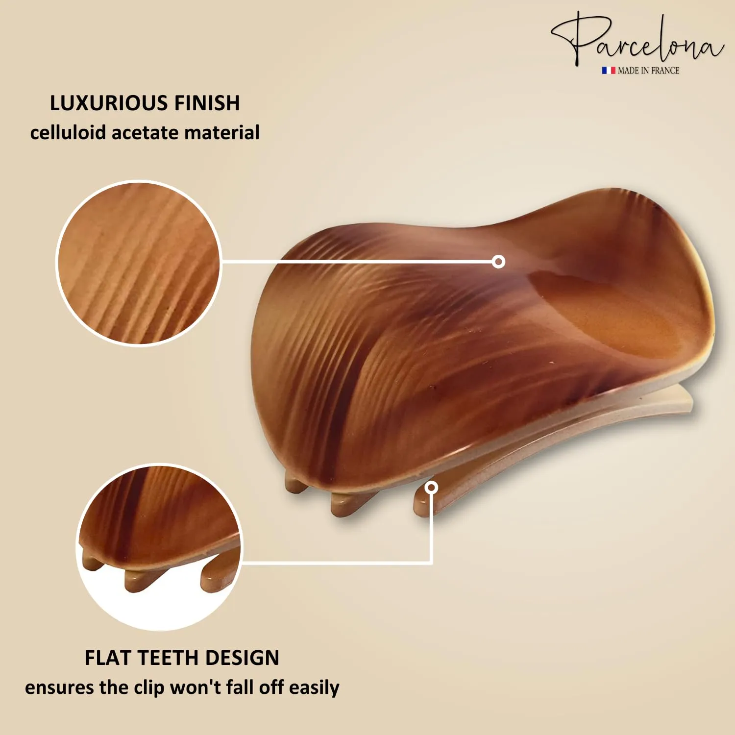 Parcelona France Onde Beige Waves 2 3/4" Celluloid Side Slide in Secure Grip Hair Up do Hinge Duck Hair Claw for Women and Girls