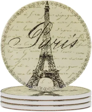 Paris Coasters for Drinks Set of 4 Retro French Style 4 inch Absorbent Diatomite Ceramics Eiffel Tower Coasters for Coffee Table with Cork Base, Suitable for Dining Tables, Desks, Restaurants, Cafes