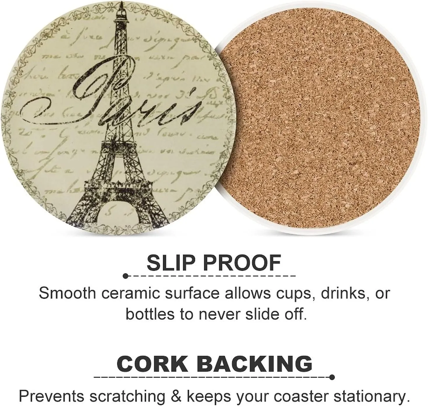 Paris Coasters for Drinks Set of 4 Retro French Style 4 inch Absorbent Diatomite Ceramics Eiffel Tower Coasters for Coffee Table with Cork Base, Suitable for Dining Tables, Desks, Restaurants, Cafes