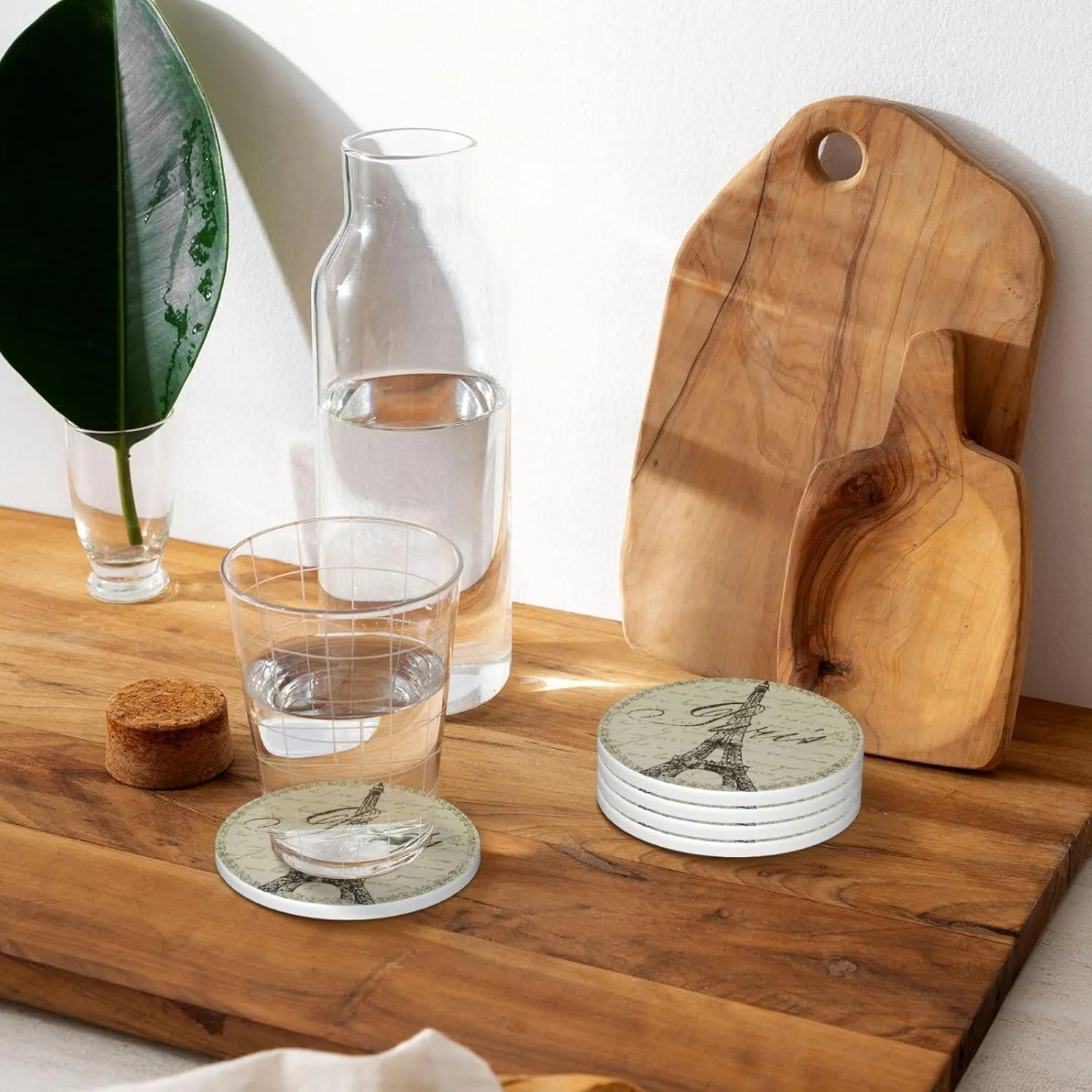 Paris Coasters for Drinks Set of 4 Retro French Style 4 inch Absorbent Diatomite Ceramics Eiffel Tower Coasters for Coffee Table with Cork Base, Suitable for Dining Tables, Desks, Restaurants, Cafes
