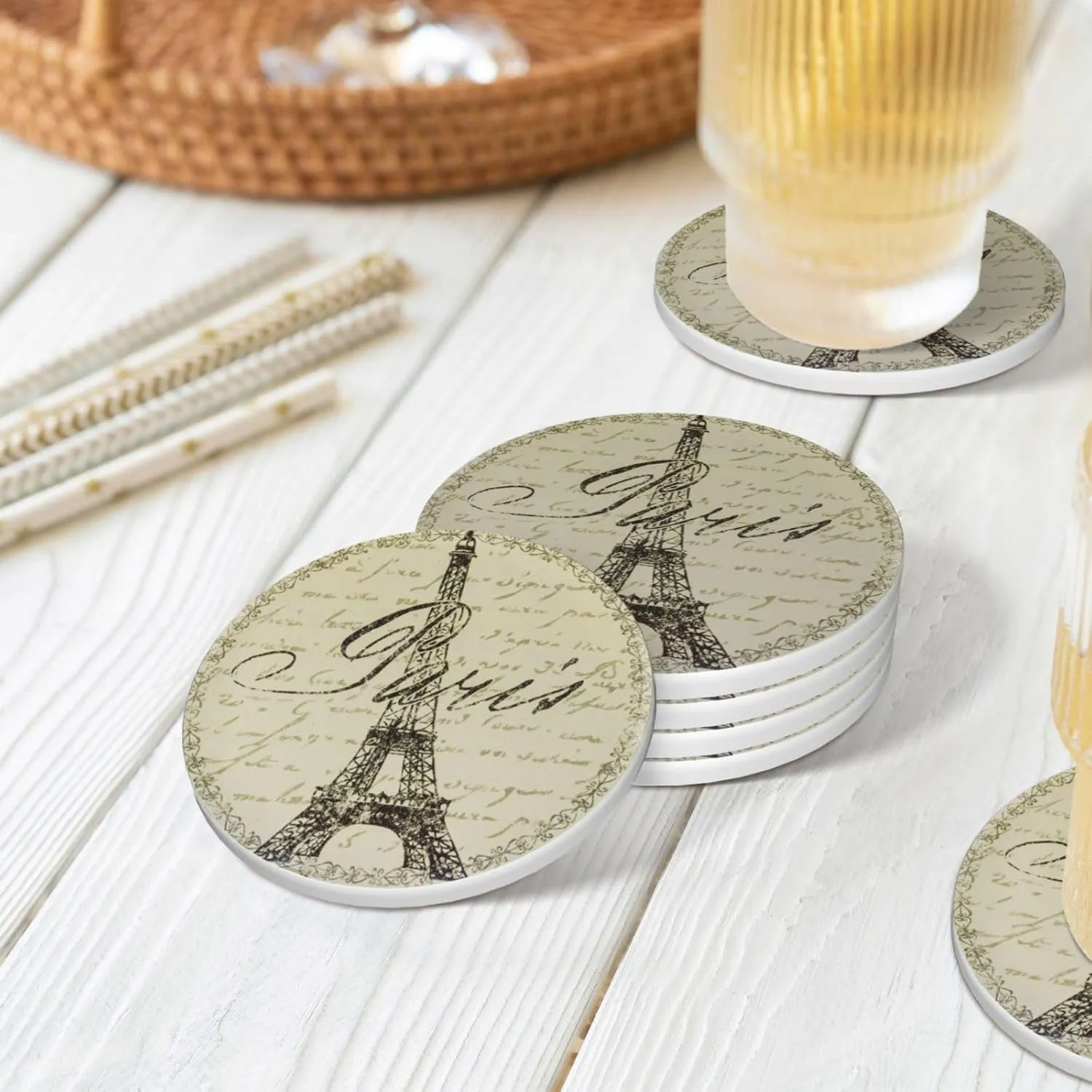 Paris Coasters for Drinks Set of 4 Retro French Style 4 inch Absorbent Diatomite Ceramics Eiffel Tower Coasters for Coffee Table with Cork Base, Suitable for Dining Tables, Desks, Restaurants, Cafes