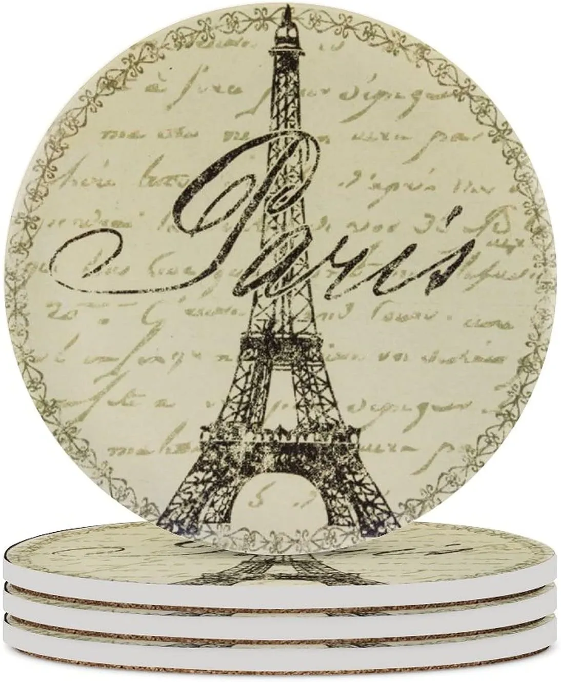 Paris Coasters for Drinks Set of 4 Retro French Style 4 inch Absorbent Diatomite Ceramics Eiffel Tower Coasters for Coffee Table with Cork Base, Suitable for Dining Tables, Desks, Restaurants, Cafes