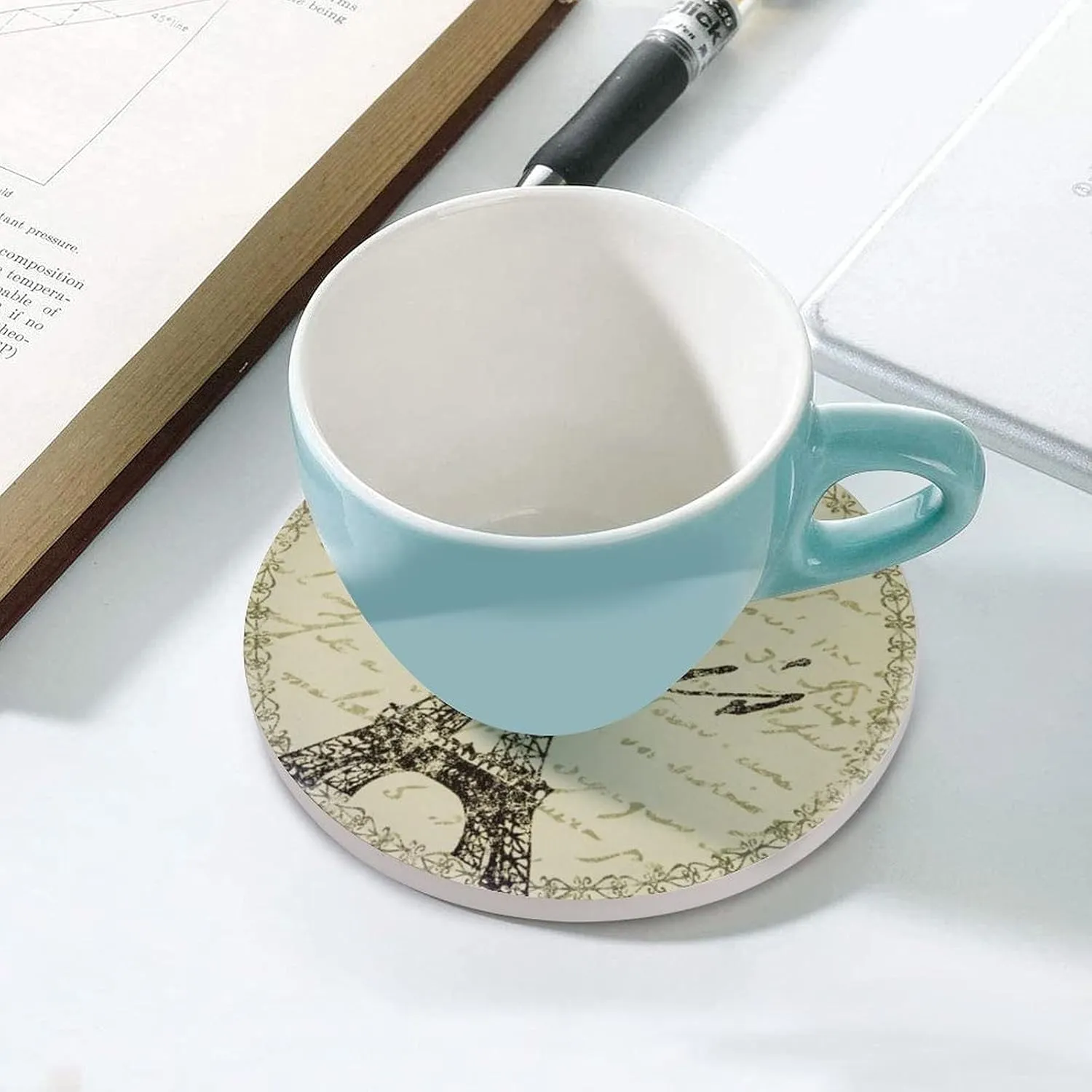 Paris Coasters for Drinks Set of 4 Retro French Style 4 inch Absorbent Diatomite Ceramics Eiffel Tower Coasters for Coffee Table with Cork Base, Suitable for Dining Tables, Desks, Restaurants, Cafes
